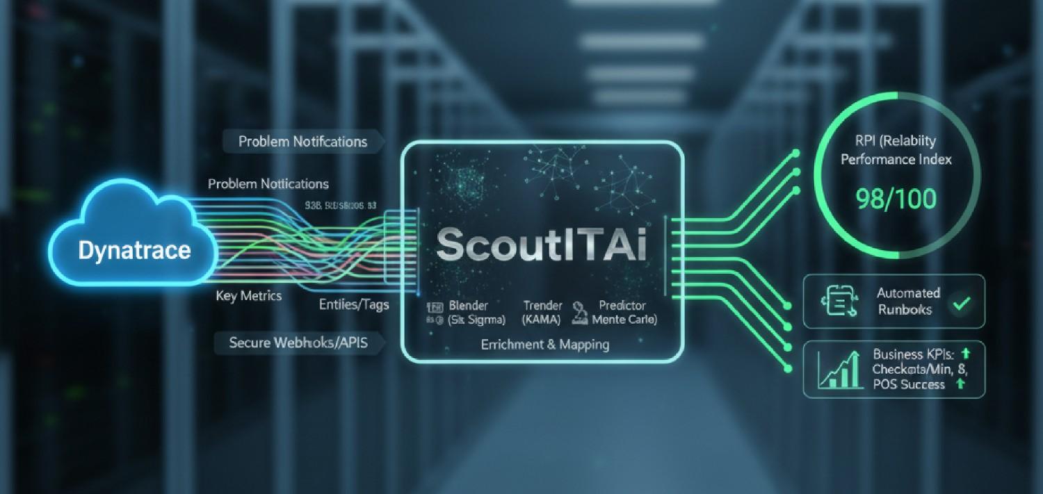 Dynatrace–Scout-itAI architecture diagram showing data flow to RPI 98/100 and automated runbooks